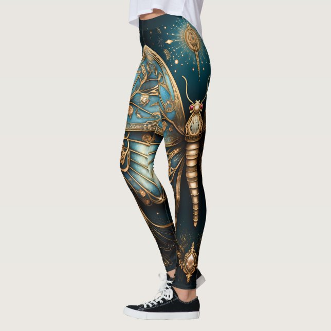 Leggings Yoga de mariposa dorada azul de moda Art Deco (Izquierda)