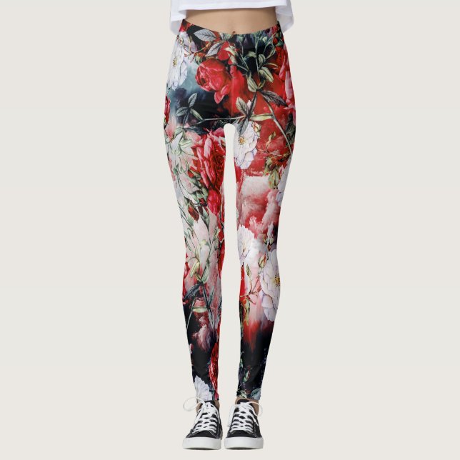 Leggings Yoga negra blanca roja floral de los rosas del (Anverso)