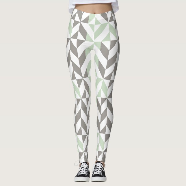 Leggings ZigZag geométrico verde sabio y plateado (Anverso)