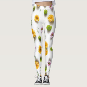 Leggings Zinnia rosa y amarillo brillante con fondo blanco