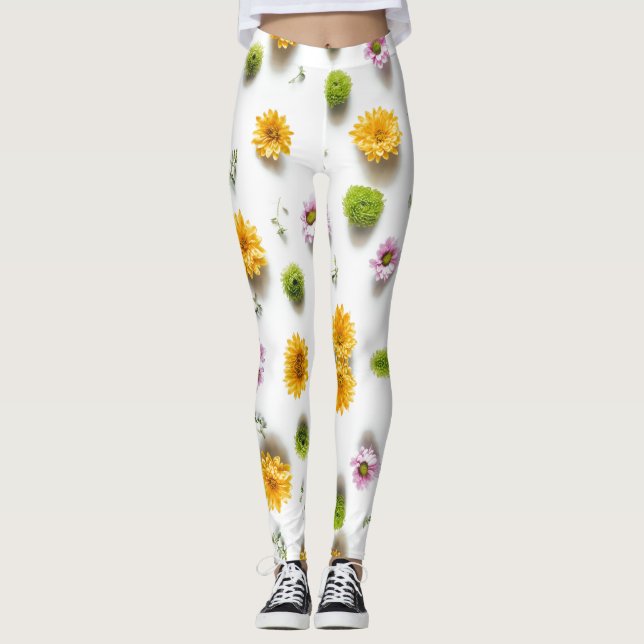 Leggings Zinnia rosa y amarillo brillante con fondo blanco (Anverso)