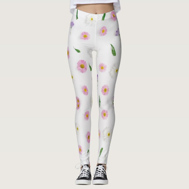 Leggings Zinnia y flor tropical sobre fondo blanco (Anverso)