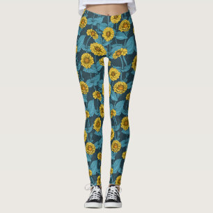Leggings Zinnias amarillas en azul oscuro