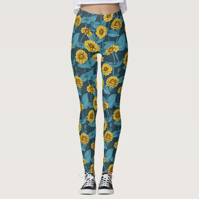 Leggings Zinnias amarillas en azul oscuro (Anverso)