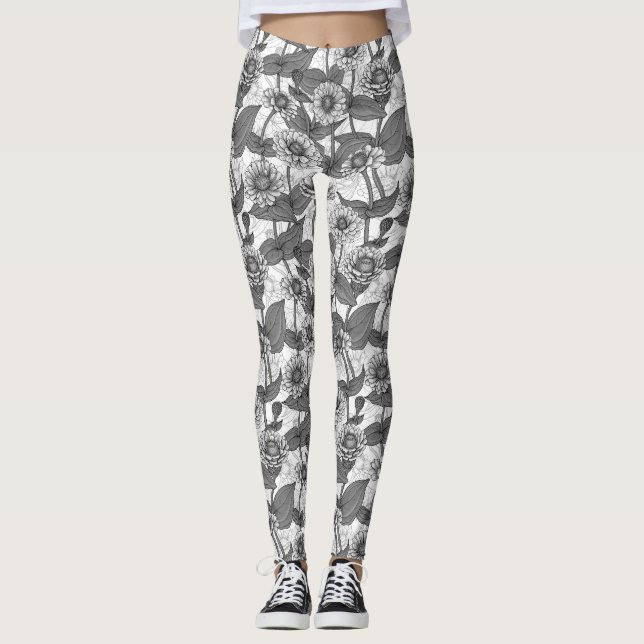 Leggings Zinnias, monocromo en blanco (Anverso)
