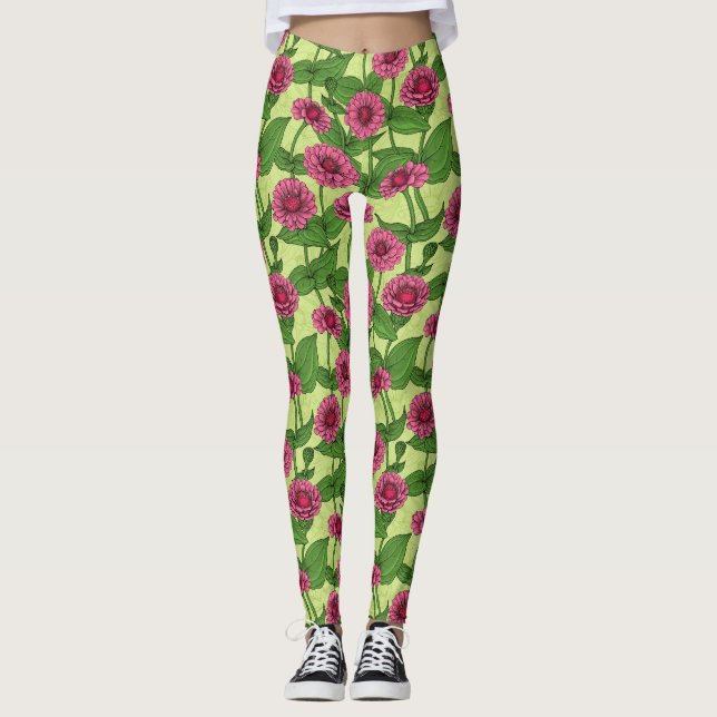 Leggings Zinnias rosas sobre verde claro (Anverso)