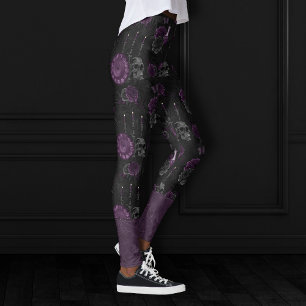 Leggings Zodiac Magic   Rosas de cráneo gótico de ciruela m