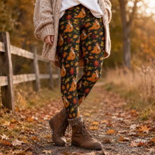 Leggings Zorro Rojo Hojas de Otoño Bellotas Patrón Verde