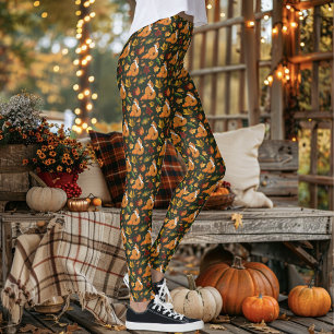 Leggings Zorro Rojo Hojas de Otoño Bellotas Patrón Verde
