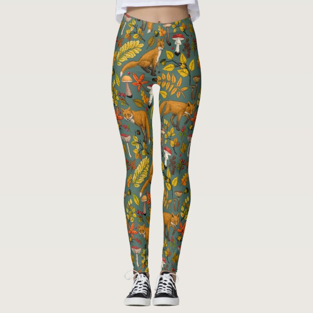 Leggings zorros otoñales sobre verde pino (Anverso)