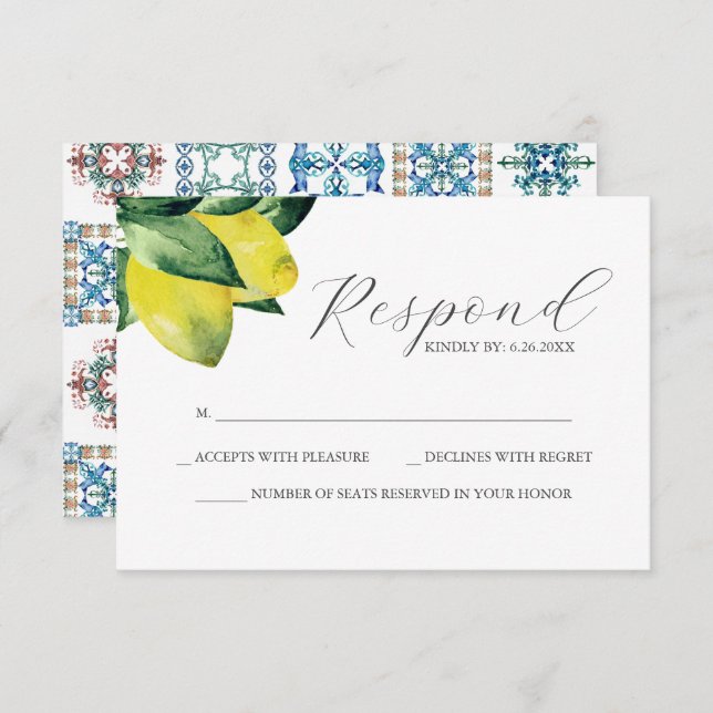 Lemon Amalfi Tile Wedding Tarjeta RSVP (Anverso / Reverso)