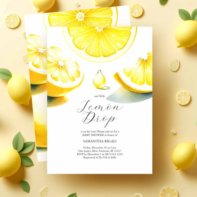 Lemon Baby Shower Invitaciones Lemondrop Tema (Lemon baby shower invitations feature watercolor citrus with a lemon drop by Victoria Grigaliunas)