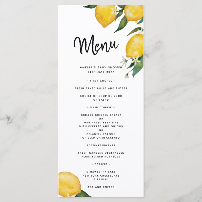 Lemon Baby Shower Menu Card (Anverso)