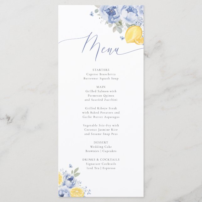 Lemon Blue Floral Bridal Shower Menu Card (Anverso)