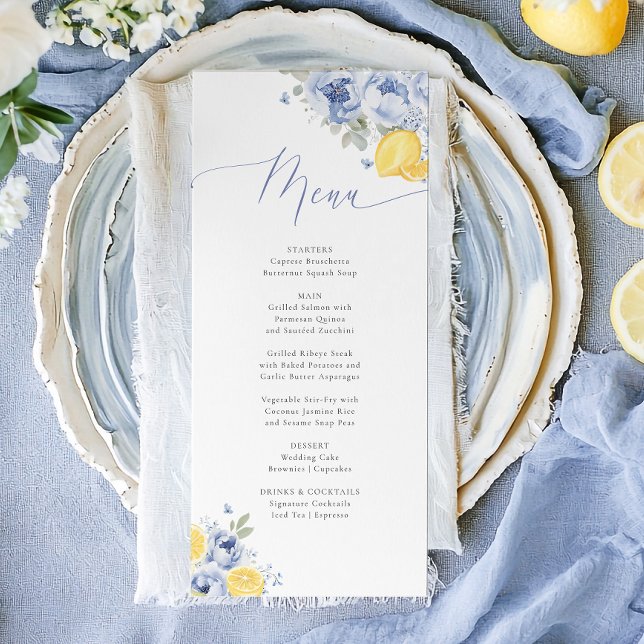 Lemon Blue Floral Bridal Shower Menu Card (Subido por el creador)