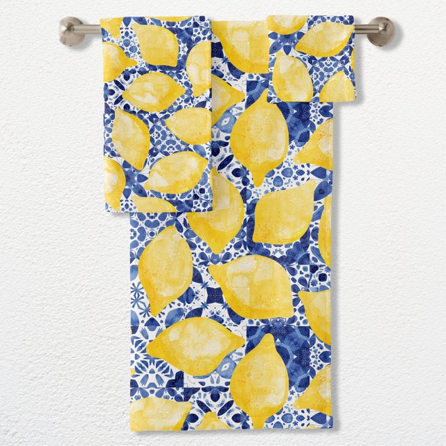 Lemon Citrus Mediterranean Blue White Tile (Citrus lemon watercolor on a blue and white Mediterranean tile background on a towel set)