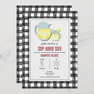 Lemonade Gray Gingham Sip & See Baby Invitación