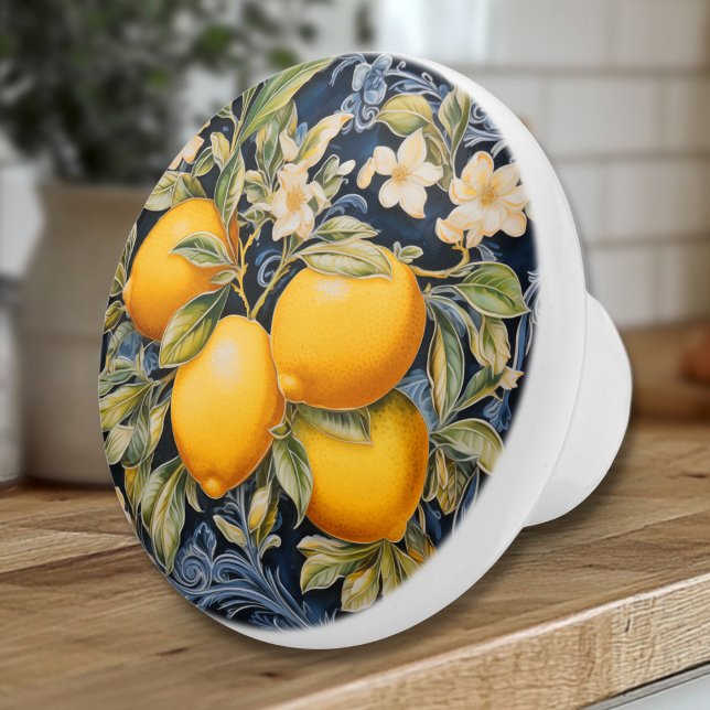 Lemones ornados - Pomo de cerámica de la marina (Ornate Flourished Lemons and Blossoms Navy Drawer Pull Knob - European Kitchen Decor)