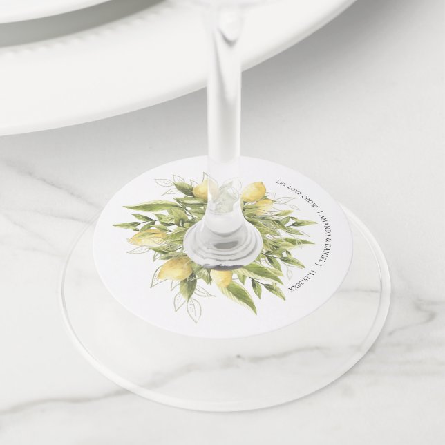 Lemons Greenery Rustic Boda Wine Glass Etiqueta (Detalle)