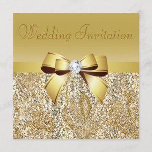 Lentejuelas del oro, arco y invitación de la boda