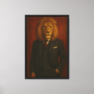 León en retrato enmarcado con tela en pared arte