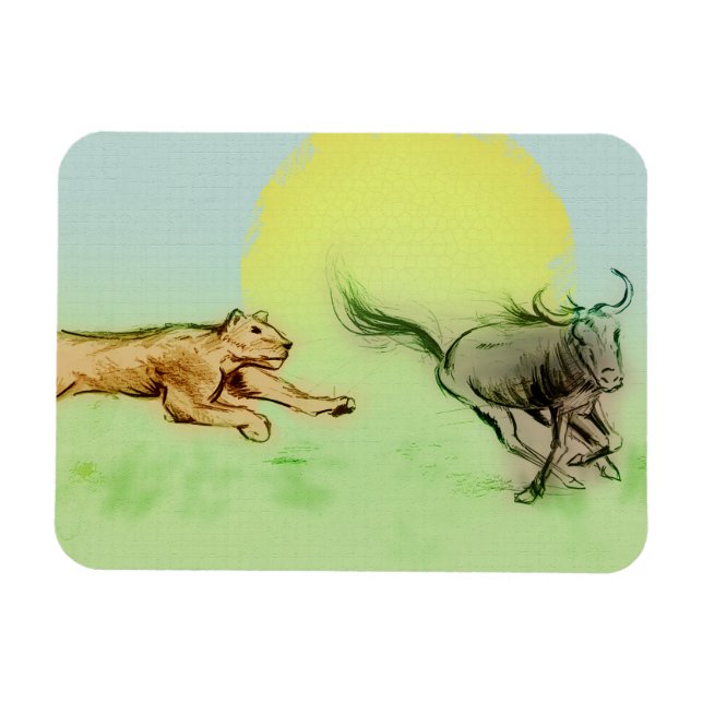 León persiguiendo búfalo en salvaje imán fotográfi (Horizontal)