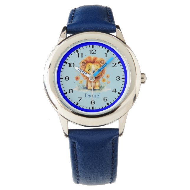 León sonriente entre flores y reloj de niños (Anverso)