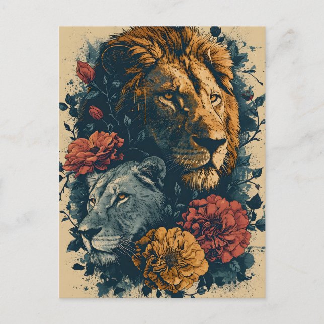 Leones y flores: postal vintage (Anverso)