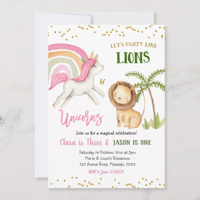 Leones y Unicornios Invitación al cumpleaños (Anverso)