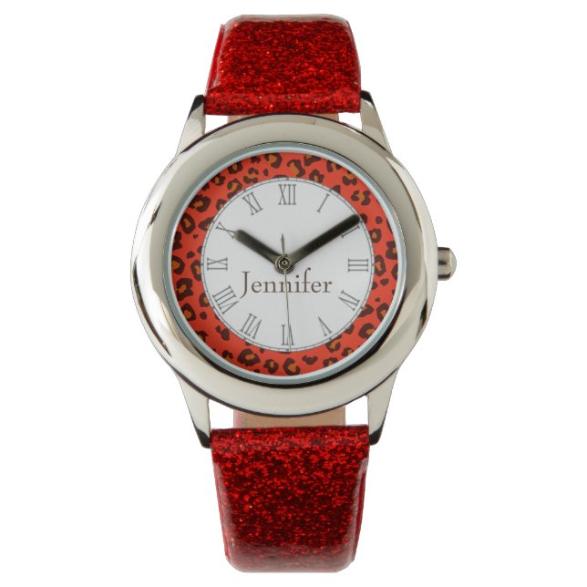 Leopard animal imprimir rojo nombre reloj de muñec (Anverso)