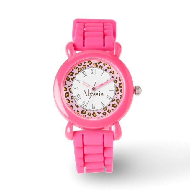 Leopard animal print color rosa reloj de muñeca (Anverso)