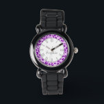 Leopard animal print morado nombre reloj de muñeca<br><div class="desc">Un único reloj de impresión de leopardo en tonos morados y grises. Personalizar con su nombre. En este ejemplo se lee Jennifer. Diseñado exclusivamente por Sarah Trett.</div>