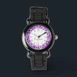 Leopard animal print morado nombre reloj de muñeca<br><div class="desc">Un único reloj de impresión de leopardo en tonos morados y grises. Personalizar con su nombre. En este ejemplo se lee Jennifer. Diseñado exclusivamente por Sarah Trett.</div>