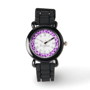 Leopard animal print morado nombre reloj de muñeca