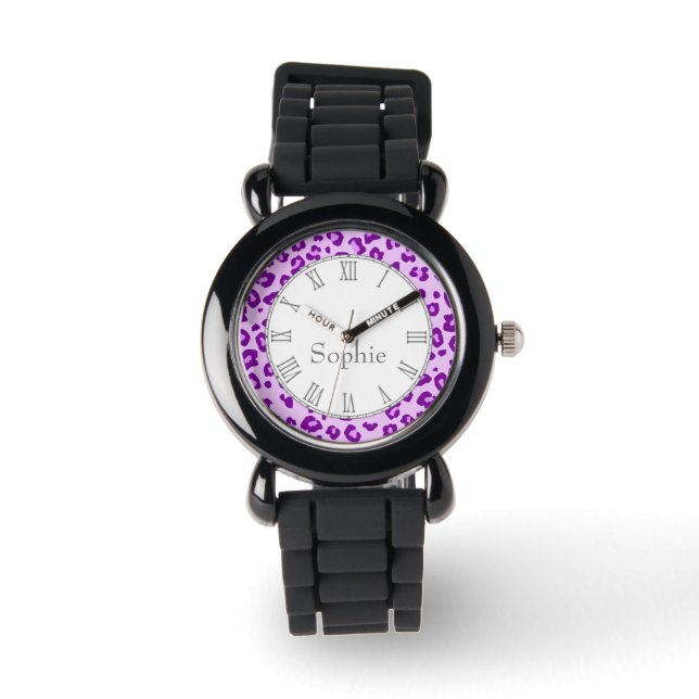 Leopard animal print morado nombre reloj de muñeca (Anverso)