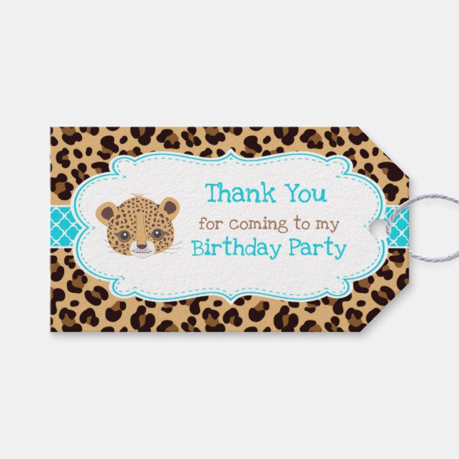 Leopard Print Blue Quatrefoil Etiqueta 'Gracias' (Frente (Horizontal))