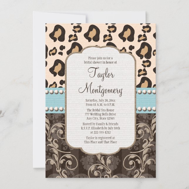 Leopard Print Bridal Shower Invitaciones Blue (Anverso)