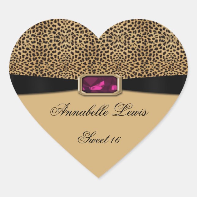Leopard Print Pink Jewel Sweet 16 Heart Pegatina (Anverso)