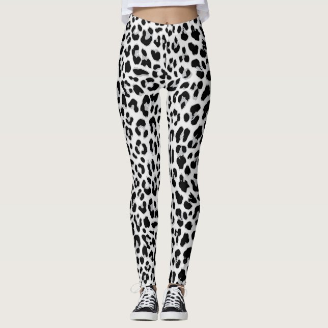 Leopardo blanco negro imprime leggings femeninas (Anverso)