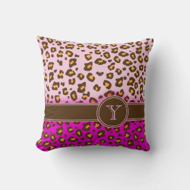 Leopardo impresión monograma marrón rosa almohada