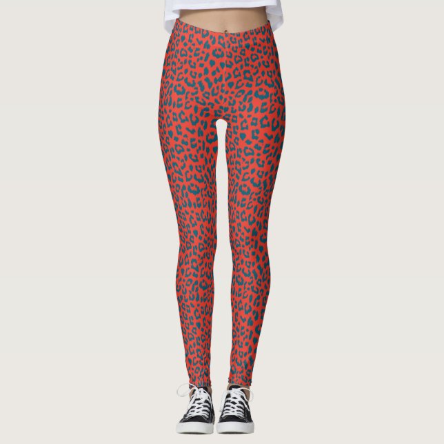 Leopardo Patterned Leggings - Slate Blue on Red (Anverso)