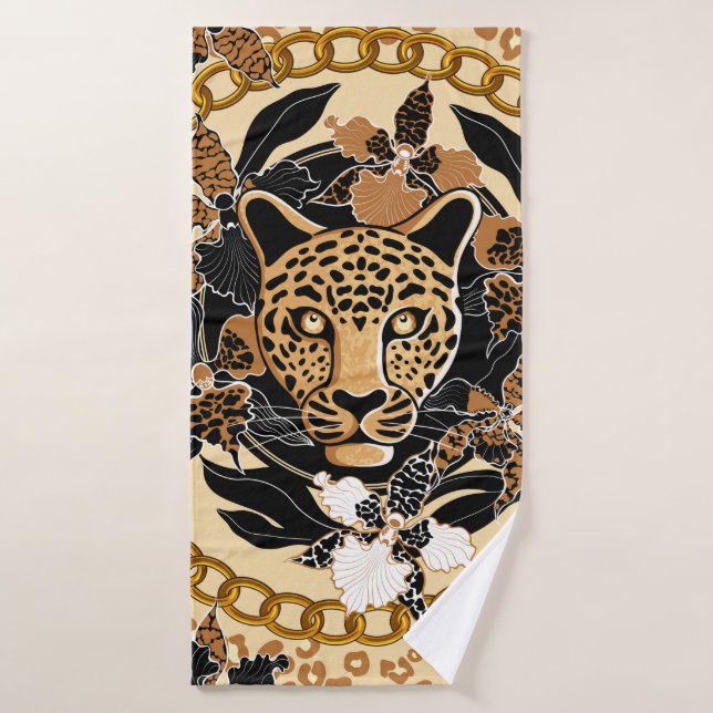leopard's head surrounded by orchids, gold chain a (Toalla de baño)