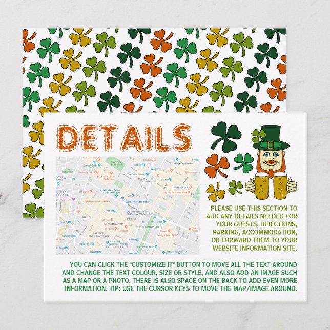 Leprechaun irlandés, tarjeta de detalles del Día d (Anverso / Reverso)