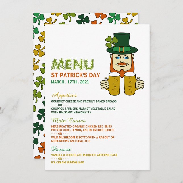 Leprechaun irlandés, tarjeta de menú del Día de Sa (Anverso / Reverso)