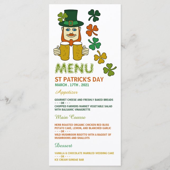 Leprechaun irlandés, tarjeta de menú del Día de Sa (Anverso)