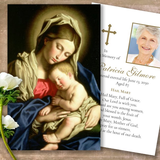 Lesiones funerarias Madonna y tarjetas de simpatía (catholic, religious, celebration of life, in loving memory of, prayer cards for bereavement)
