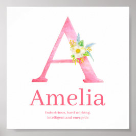 Letra A acuarela arte rosa nombre de Amelia signif