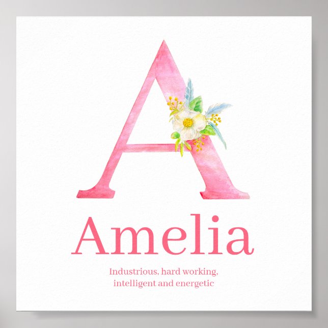 Letra A acuarela arte rosa nombre de Amelia signif (Frente)