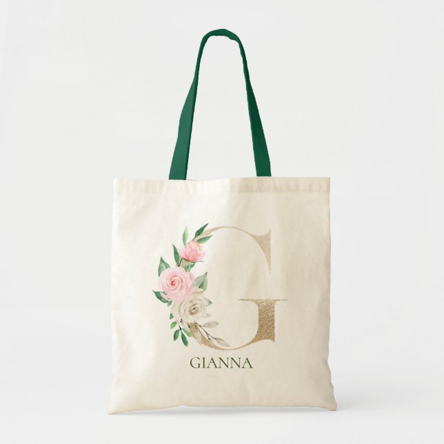 Letra acuarela floral rosa G Monograma bolsa de to (Frente)
