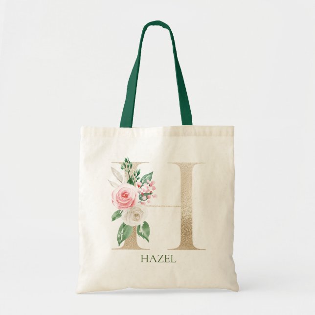 Letra acuarela floral rosa H Monograma bolsa de to (Frente)